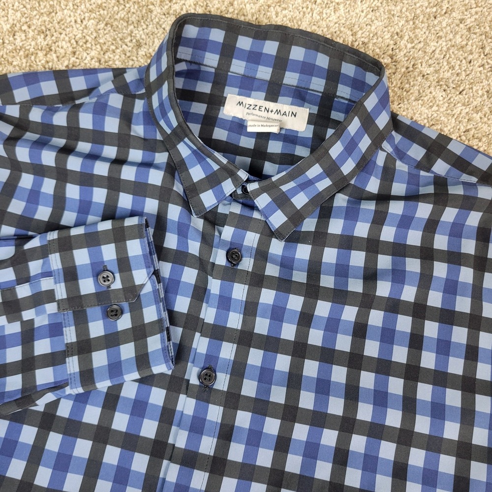 Mizzen + Main Mens XL Blue Black Check Performance Stretch Button Down LS